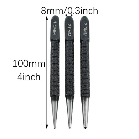 Heavy Duty Knockout Center Punch And Drill Hole Locator Set Includes One Five Mm Two Mm Three Mm Black Alloy Steel tools on display.