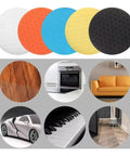 Badass 6-Inch Foam Buffing Pads for Cars in various colors, showcasing use on diverse surfaces like wood and cars.
