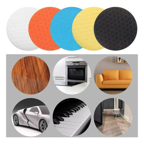 Badass 6-Inch Foam Buffing Pads for Cars in various colors, showcasing use on diverse surfaces like wood and cars.