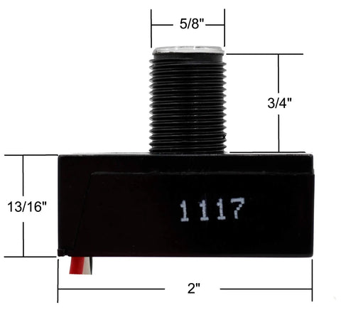Side view of Two Pack Outdoor Dusk To Dawn Light Sensor Controller, dimensions 2x13/16 inch base, 5/8x3/4 inch thread, Photocell Sensor