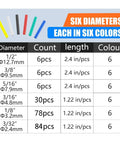 Chart of Pro Grade Heat Shrink Tubing Kit With Adhesive Lined Marine Grade Waterproof showing 6 sizes, each in 6 colors.