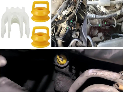 Chevy Silverado Transmission Shifter Linkage Cable Bushing Repair Kit 3 Pc Clip Set with installed bushings and clips.