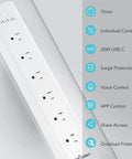 Zero Sweat Smart Power Strip Surge Protector With Six Independently Controlled Outlets, Four USB Ports including one 20W Type C Rapid Charge, showing features like timer and surge protection.