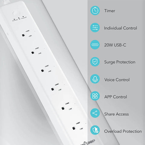 Zero Sweat Smart Power Strip Surge Protector With Six Independently Controlled Outlets, Four USB Ports including one 20W Type C Rapid Charge, showing features like timer and surge protection.
