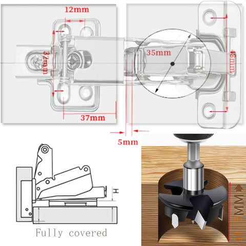 Diagram of 2 pcs 165 degree soft close fully covered frameless cabinet hinge with dimensions and installation detail