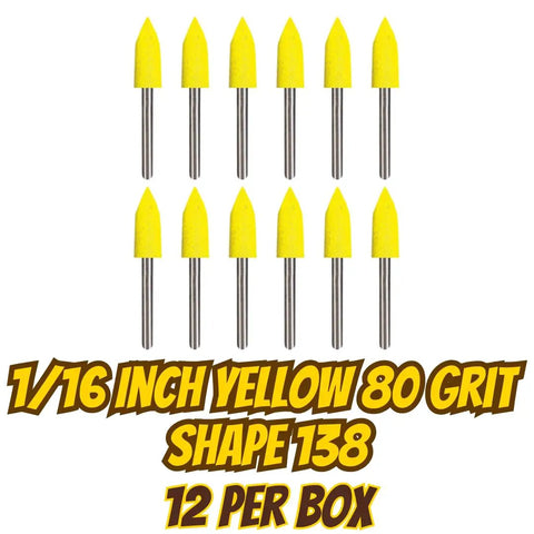 Image showing 12 yellow aluminum oxide coarse 80 grit rotary tool points, 1/16 inch size, for precision cleaning and polishing.