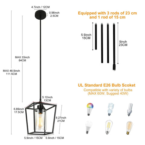 Diagram showing Dope Industrial Black Pendant Light 1 Light For Kitchen Island With Iron Cage Lantern And Clear Glass Shade dimensions.
