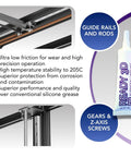 Top Tier PTFE 3D Printer Lubricant Grease For Linear Rails And Gears in an image showing guide rails, gears, and lubrication application.