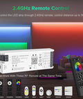 5 In 1 WB5 WiFi PWM LED Controller with remote and LED strip lighting in room, control devices displayed, WR01RF WR02RF support