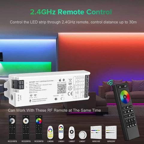 5 In 1 WB5 WiFi PWM LED Controller with remote and LED strip lighting in room, control devices displayed, WR01RF WR02RF support