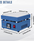 Hot Plate Soldering Station 110V 850W Preheat Soldering Rework Heater for Electronics Lab, size details illustration.