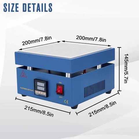 Hot Plate Soldering Station 110V 850W Preheat Soldering Rework Heater for Electronics Lab, size details illustration.