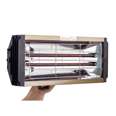 Handheld infrared paint dryer showing heating elements, designed for fast car body repair primer drying and adhesive scraping jobs.