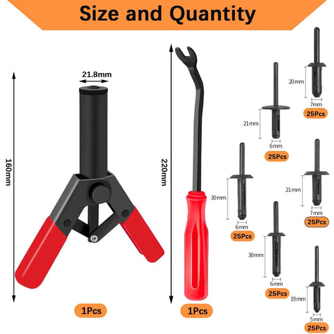 Pro Grade Hand Riveter Kit With 156 Pcs Plastic Rivet Gun Set and sizes shown
