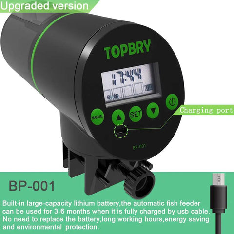 Programmable Automatic Fish Feeder With Digital Timer And Usb Rechargeable Design For Aquarium Tanks showing display and charging port.