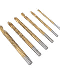 Six-piece twist drill bit set with serrated side teeth for wood and plastic; sizes 3–8 mm.
