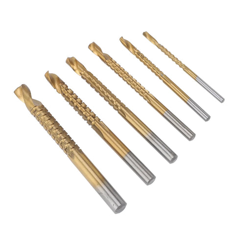 Six-piece twist drill bit set with serrated side teeth for wood and plastic; sizes 3–8 mm.