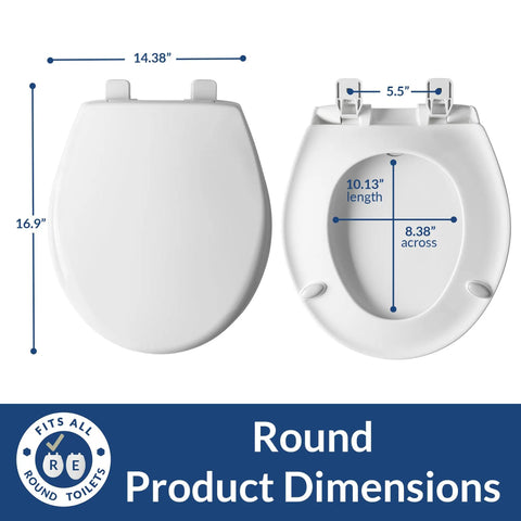 Soft Close Toilet Seat With Durable Plastic Construction Extra Stability Bumpers And Secure Hinges Made In USA Round White Quiet Close No Wiggle Easy Install Smooth Contours For Modern Or Classic Bathrooms dimensions