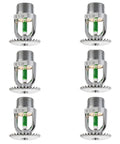 Six Piece Upright Fire Sprinkler Heads Bulk Pack 199 Degree Green Bulb with half inch thread for automatic activation.