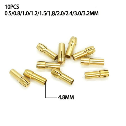 Hot Four Pack Brass Mini Collet Drill Chuck Keyless Adapter Socket For Electric Motor Shaft Rotary Tools Heavy Duty Grip And Long Life, displaying 10 brass collets with various sizes.