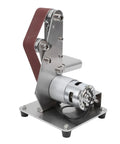 Mini Electric Belt Grinder Sander And Polishing Machine For Metal And Wood Desktop Benchtop Compact Tools with motor and sandpaper.