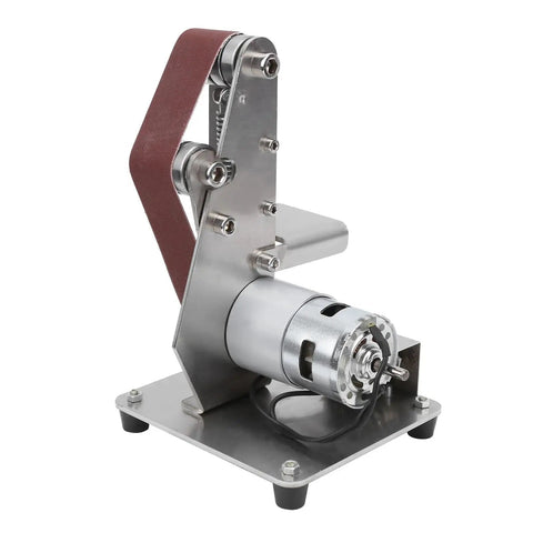 Mini Electric Belt Grinder Sander And Polishing Machine For Metal And Wood Desktop Benchtop Compact Tools with motor and sandpaper.