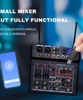 Lit 4 Channel Karaoke Mixer with Dual UHF Wireless Mics, Bluetooth Ready, USB Audio Interface, shown with USB and Bluetooth connection