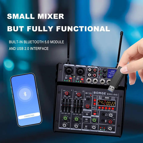 Lit 4 Channel Karaoke Mixer with Dual UHF Wireless Mics, Bluetooth Ready, USB Audio Interface, shown with USB and Bluetooth connection