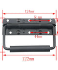 Heavy Duty Folding Spring Handle 125x81mm Black Steel Case Handle with measurements for props and tool boxes, rubberized grip.