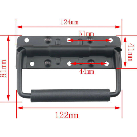 Heavy Duty Folding Spring Handle 125x81mm Black Steel Case Handle with measurements for props and tool boxes, rubberized grip.