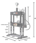 10 Ton Adjustable Benchtop Hydraulic Shop Press for Garage Use with pressure gauge and manual hand pump, dimensions shown.