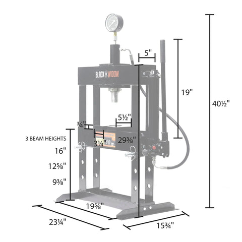 10 Ton Adjustable Benchtop Hydraulic Shop Press for Garage Use with pressure gauge and manual hand pump, dimensions shown.