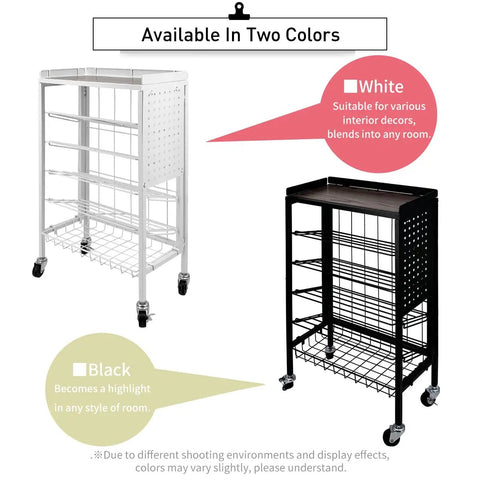 Available in two colors: Black and White Foldable Six Tier Book Cart With Pegboard Space Saver Slim Rolling Utility Shelves Large Capacity V Shaped Shelves And Brake Wheels For Home And Office Storage White.