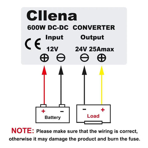 Diagram of DC-DC Boost Converter 12V To 24V Up To 25A 600W Step Up Regulator Module For Cars Input 10V To 16V High Efficiency Up To 95 Percent Reliable Car Power Supply connections.