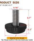 Diagram of 5/16 Inch Thread Leveling Feet Set showing dimensions and screw size for adjustable stainless steel glide levelers