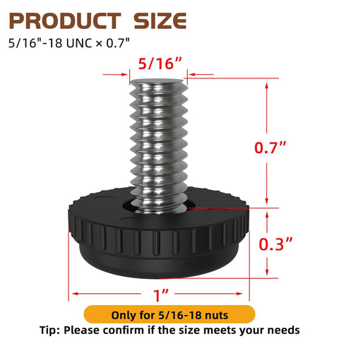 Diagram of 5/16 Inch Thread Leveling Feet Set showing dimensions and screw size for adjustable stainless steel glide levelers