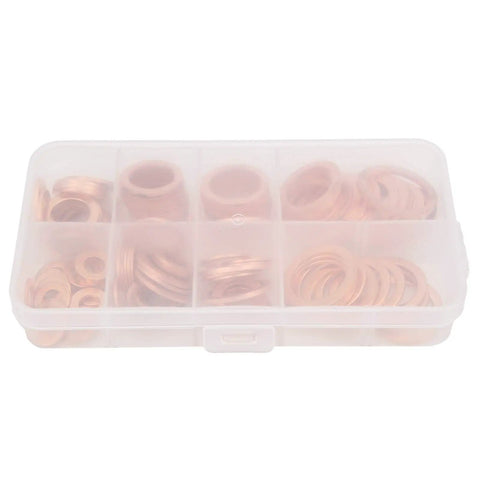120 Piece Premium Red Copper Washers Assortment Kit Includes Tough Flat Gaskets For Sealing Oil Pan Plugs Fuel Lines Hydraulic Connections With Storage Box Organizer For Easy Access And High Thermal Conductivity Works Wicked Well Under Pressure, copper washers in organizer