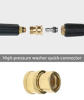 Set Of 2 Pressure Washer Adapters Quarter Inch Quick Connect To M14 Thread Brass Coupling with hose and spray components visible