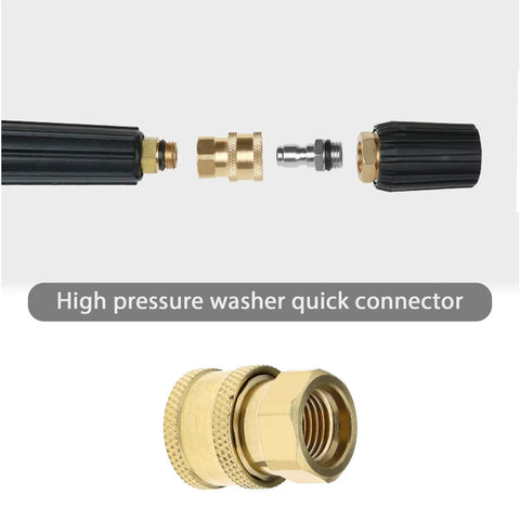 Set Of 2 Pressure Washer Adapters Quarter Inch Quick Connect To M14 Thread Brass Coupling with hose and spray components visible