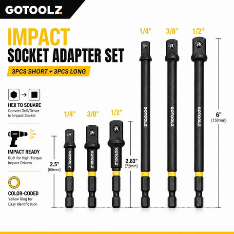 All In One 14 Piece Impact Socket Adapter Kit With Quick Release Magnetic Drill Bit Extensions shown in various sizes.