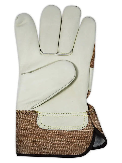 DuraMaster Select Cow Grain Leather Palm Work Glove With PE Cuff Gunn Cut Wing Thumb Full Leather Index Fingers Brown Denim Back 2XL