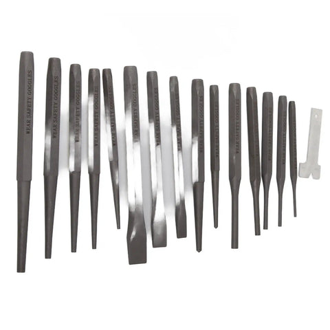 Kickin Tough 16 Piece Metalsmith Punch And Chisel Set For Auto Repairs, Pin Center Taper And Cold Gauge Tools To Hammer, Align Holes, And Shape Steel Like A Pro In The Shop, 16 steel punches and chisels