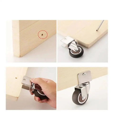 Installation steps for 4 Pack Silent 2 Inch U Shaped Furniture Casters With Soft Rubber Wheels Universal Stem on plywood base.