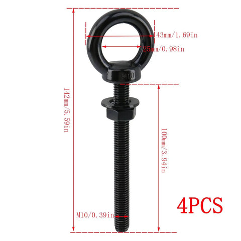 Beefy Four Pack M10 Stainless Steel Eye Bolts 100mm Long With Washers And Hex Nuts Heavy Duty Eyebolts For Lifting Rigging And Securing Cables Black