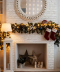 White Brick Peel And Stick Wallpaper No Fuss Self Adhesive Removable Contact Paper For Walls And Backsplash Waterproof And Easy To Clean 17.7 Inch By 393 Inch Roll Great For DIY Home Decor on a Christmas-decorated fireplace wall with stockings.