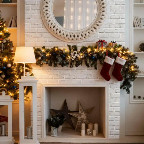 White Brick Peel And Stick Wallpaper No Fuss Self Adhesive Removable Contact Paper For Walls And Backsplash Waterproof And Easy To Clean 17.7 Inch By 393 Inch Roll Great For DIY Home Decor on a Christmas-decorated fireplace wall with stockings.