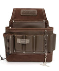 Front view of 8 Pocket Leather Electrician Tool Pouch Built Tough For Work Belts With Flashlight Loop Tape Chain Pliers Pockets 100% Full Grain Cowhide