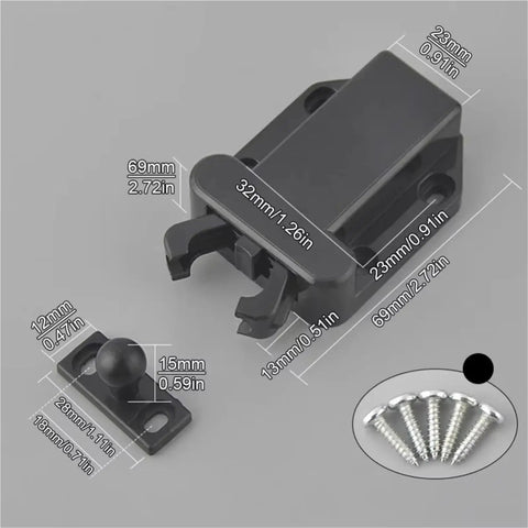 Magnetic Touch Latch for Cabinets and Doors One Piece Drawer Catch with dimensions and screws displayed