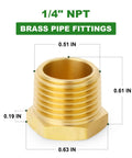 1/4 inch NPT brass pipe fittings with dimensions; part of Brass Outer Hex Thread Socket Pipe Plug Fittings Set, Fifteen Pieces