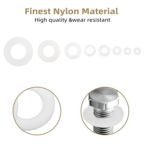Nylon Flat Washer Set With Eight Sizes M2 M2.5 M3 M4 M5 M6 M8 M10 for Electrical Connections, white washers and bolt close-up